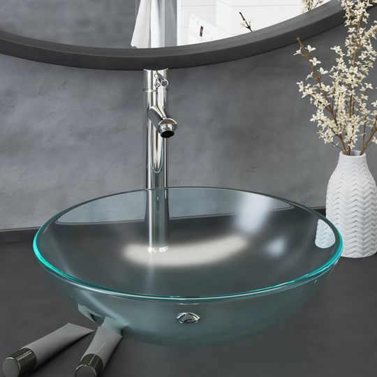 vidaXL Handfat med kran och bottenventil frostat härdat glas