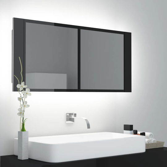 vidaXL Spegelskåp för badrum LED svart högglans 100x12x45cm