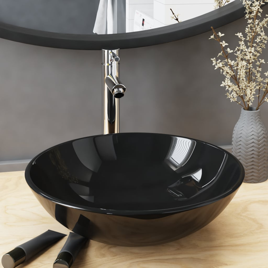 vidaXL Handfat med kran och bottenventil svat härdat glas