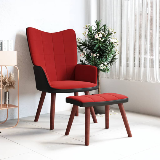 vidaXL Vilstol med fotpall vinröd sammet och PVC