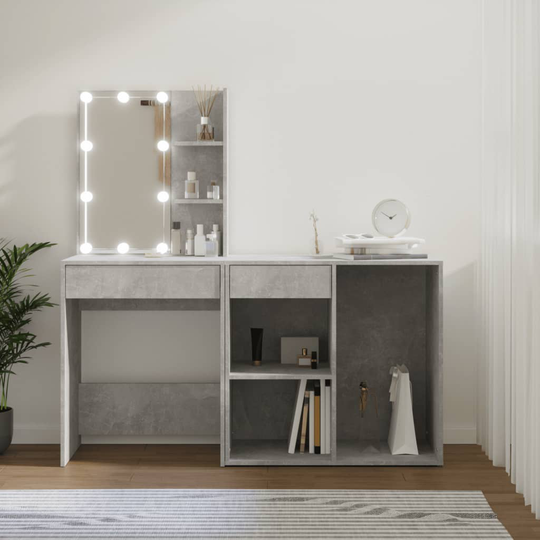 vidaXL Sminkbord LED med skåp betonggrå konstruerat trä