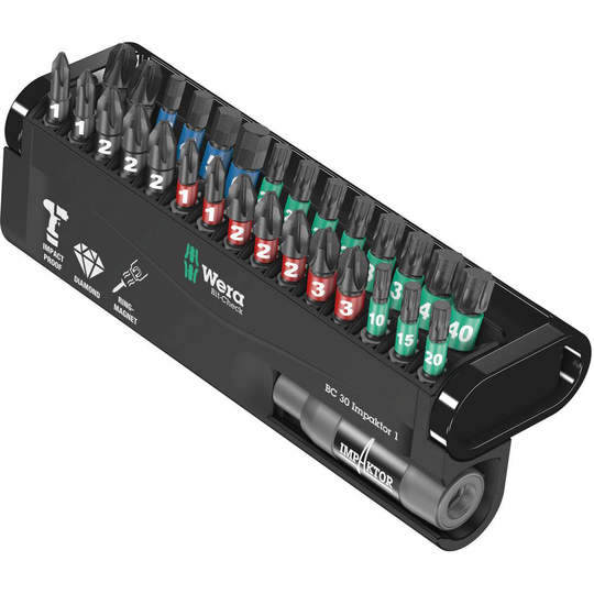 Wera BC Impaktor/30 Bit-Check 05057690001 Bit-Set 30 delar Stjärnspår Phillips, Stjärnspår Pozidriv, Inner-TORX, Inner-sexkantig Impactor-teknik